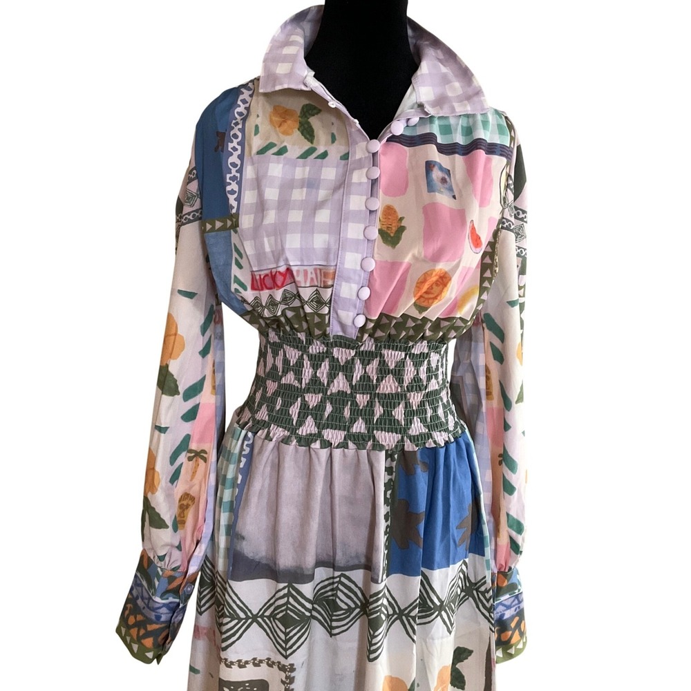 Women's Multi-Color Patchwork Maxi Dress - Long Sleeve - Picture 11 of 16
